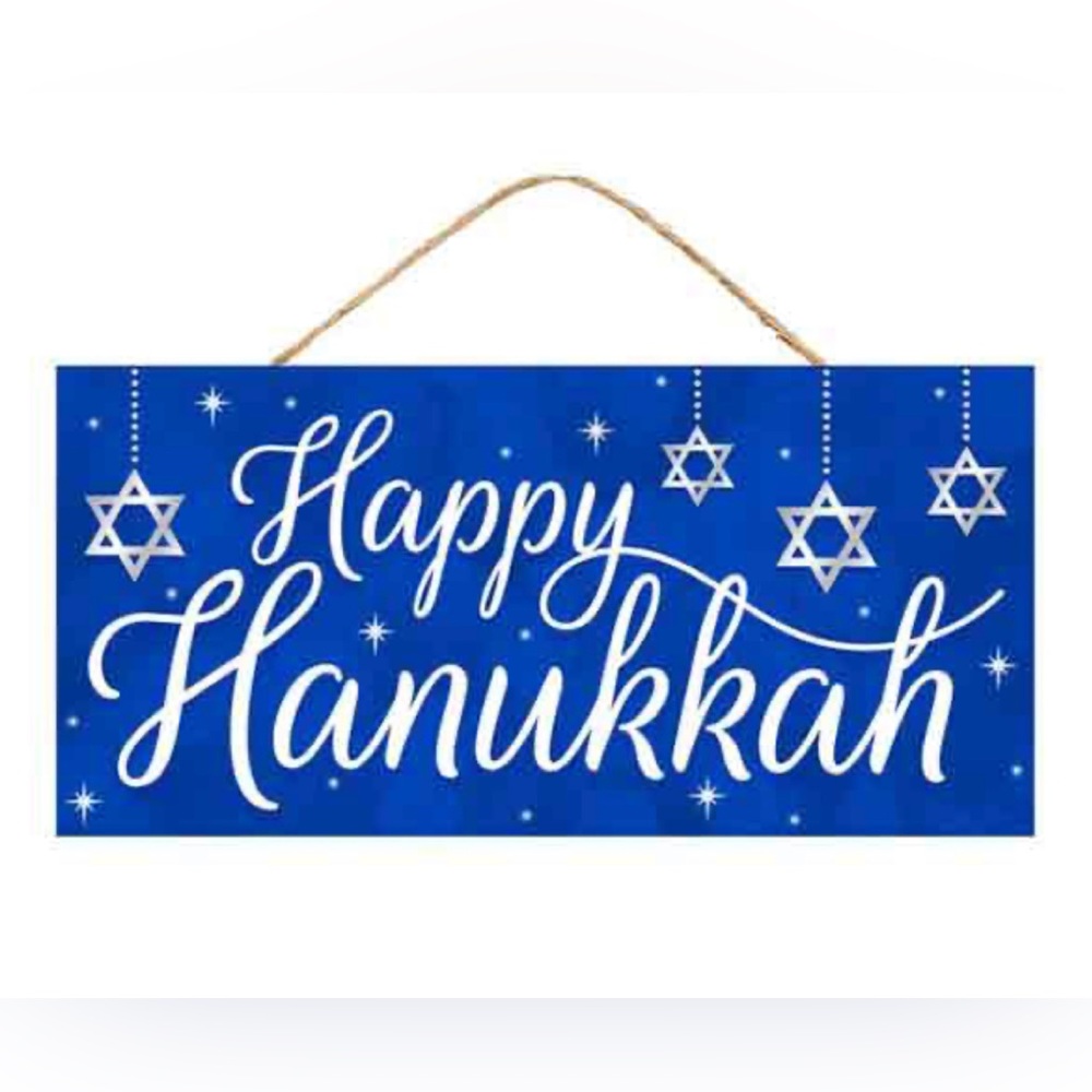 Happy Hanukkah Wooden Sign, 12.5" x 6", Royal Blue, White, Silver Grey, Chanukah